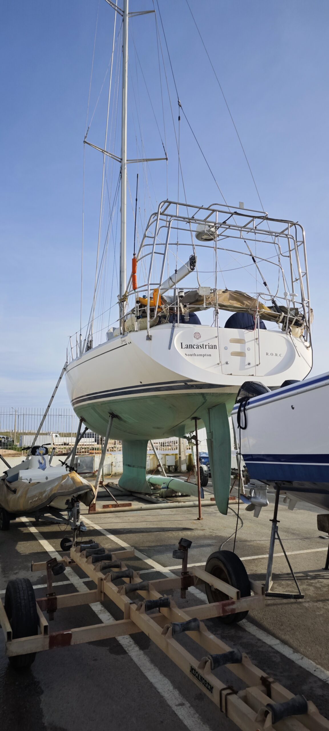 Lancastrian ashore from the stern with the arch and rudder visible