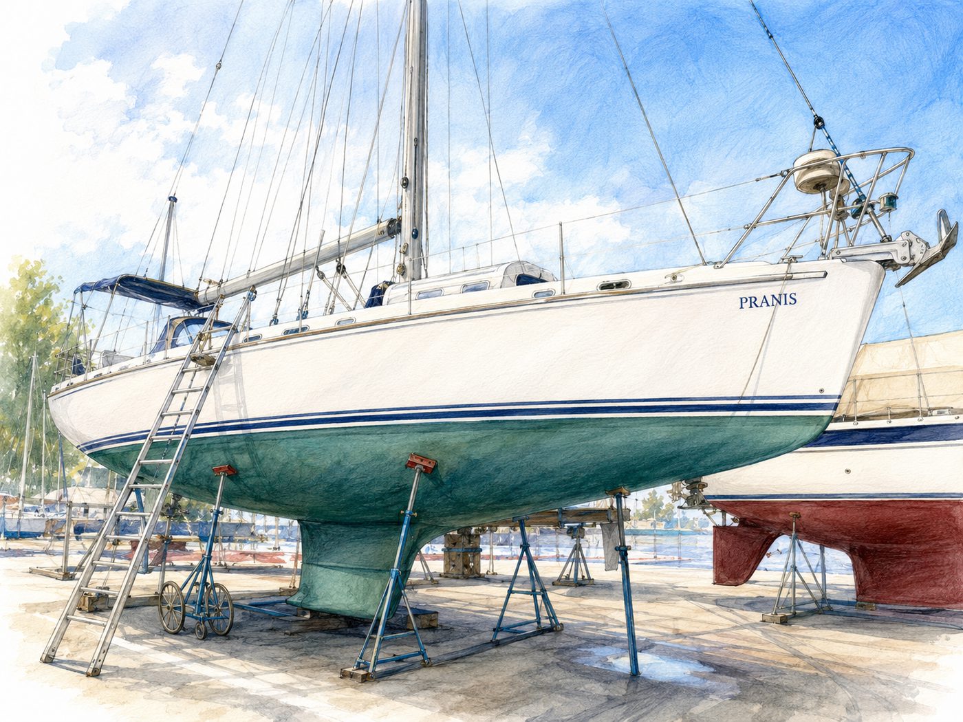 Watercolour-style illustration of PRANIS ashore in a boatyard during the refit