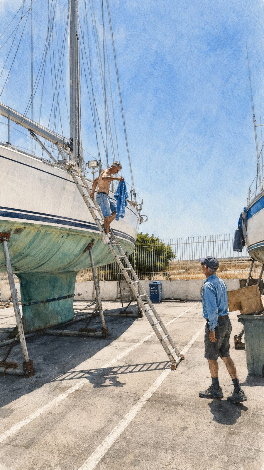Illustration of PRANIS during refit work in the boatyard