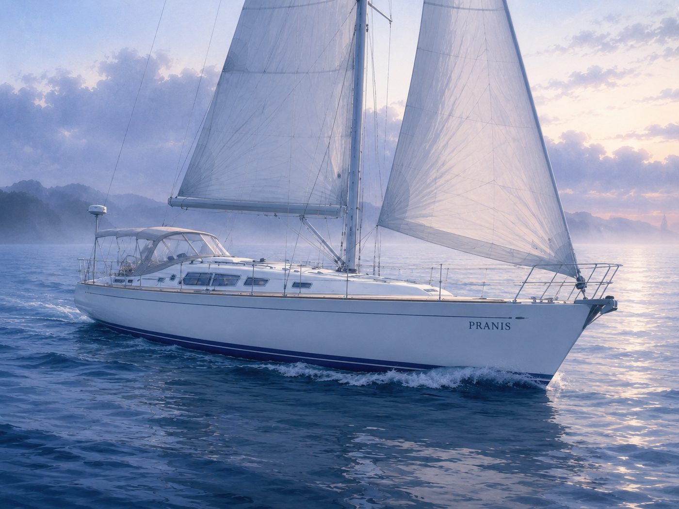 Illustration of PRANIS under sail on open water