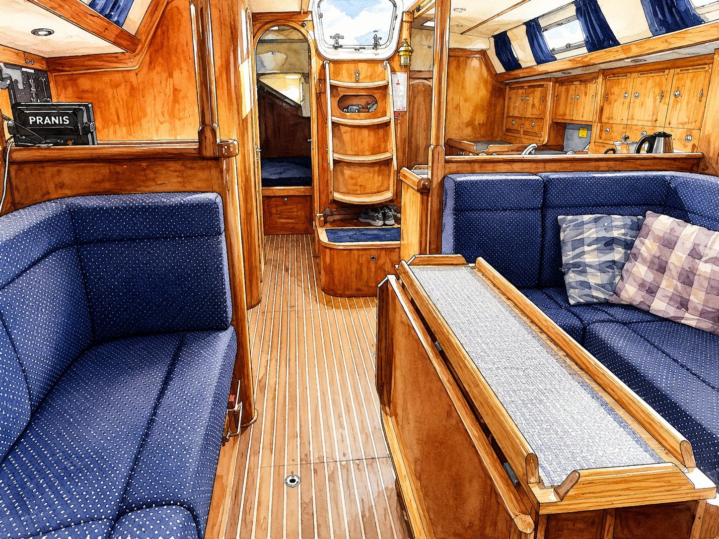 Saloon interior aboard PRANIS designed for comfortable daily life